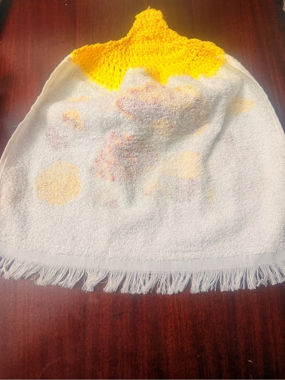 3pc SET VTG 1970s Mushroom Towel Apron‎ Kitchen Towel Yellow Crochet Top Towel